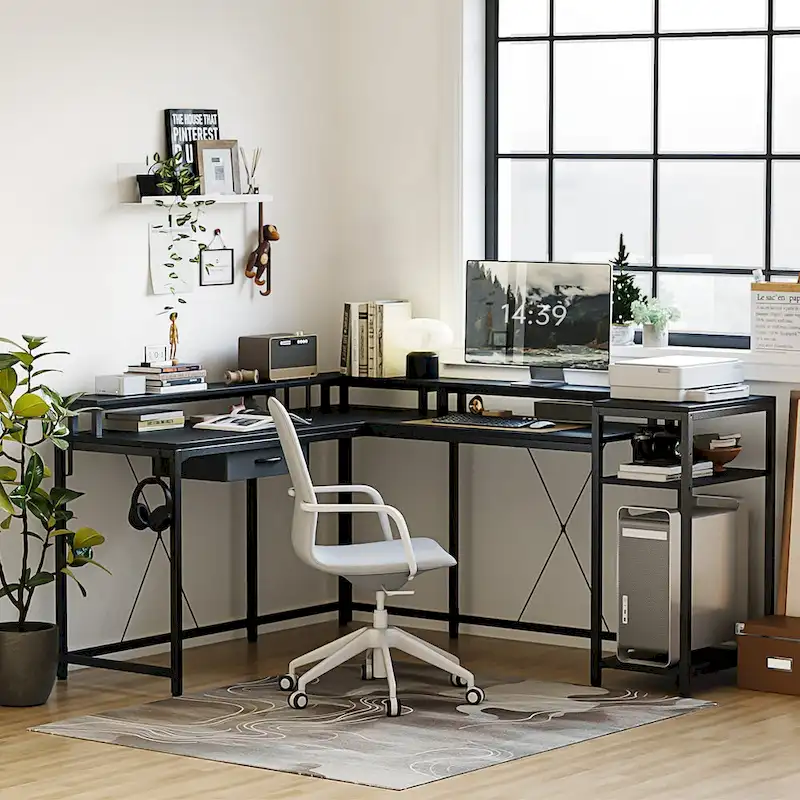 68 Home Office Desk with File Drawer & Power Outlet, LED Lights