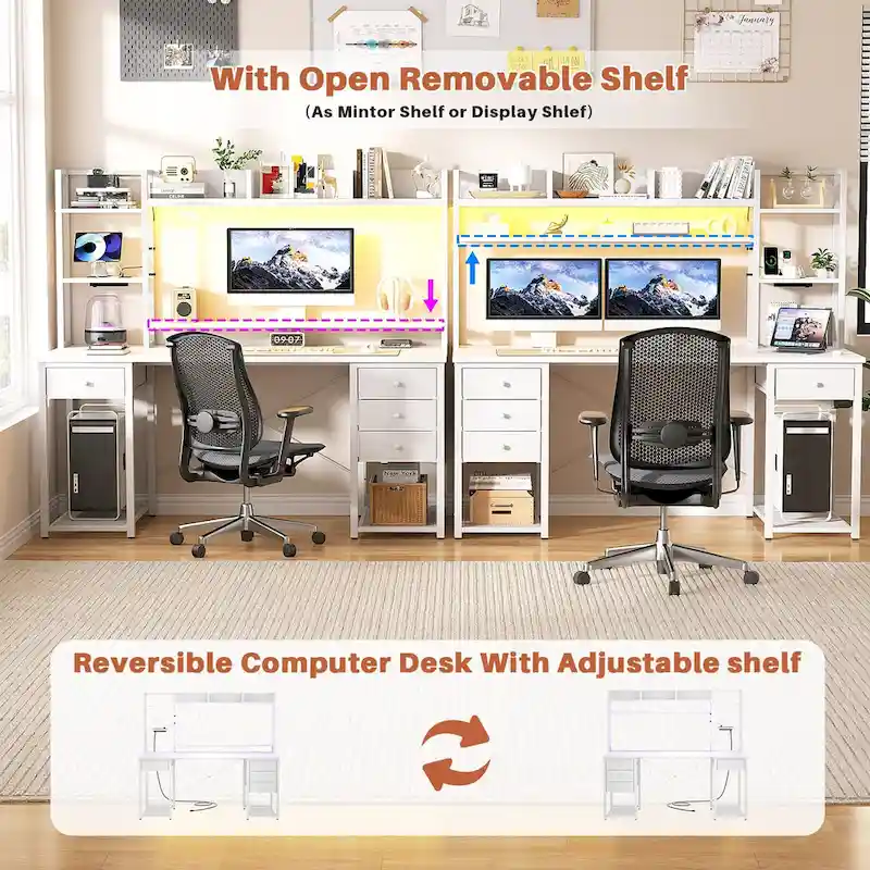 Gaming Desk with Hutch and Drawers, Office Computer Desk with Charge Station and LED Light