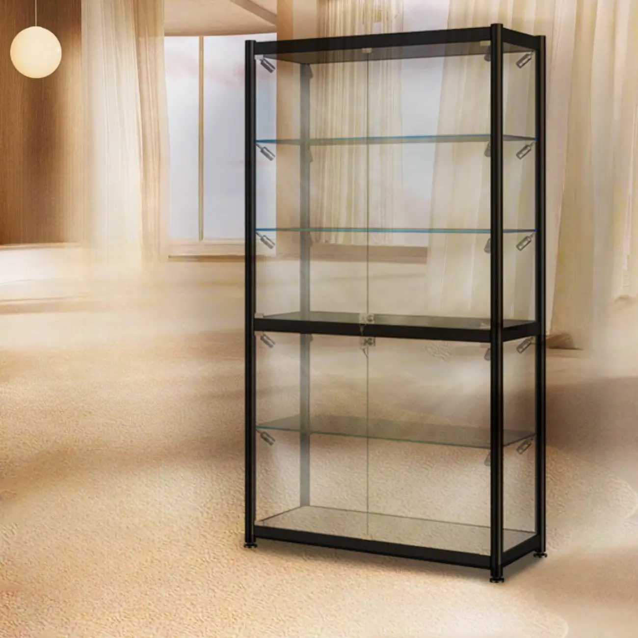Modern Black Clear Glass LED Adjustable Display Cabinet