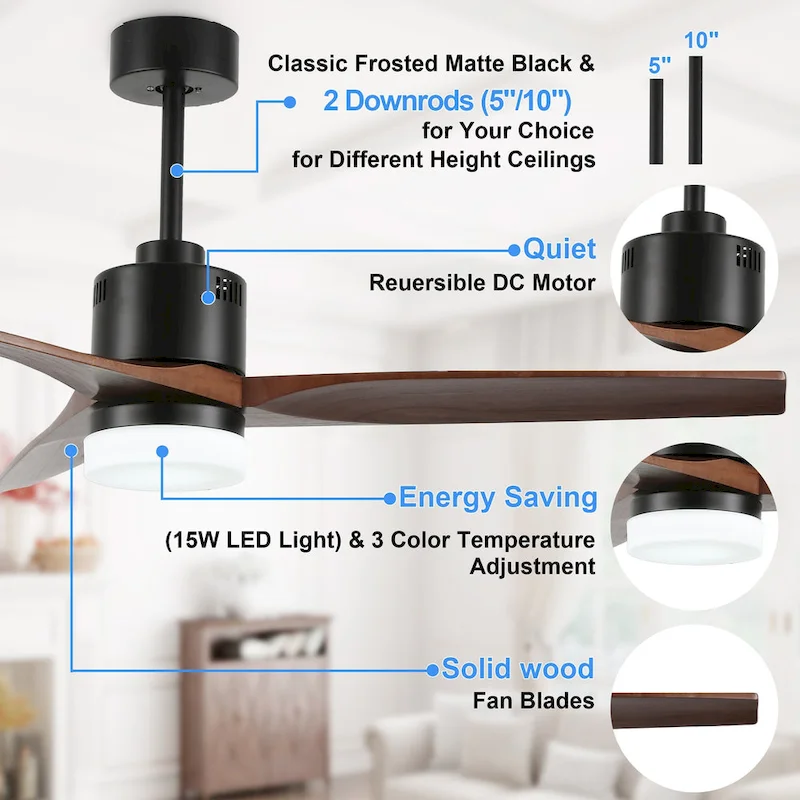 52  Farmhouse Solid Wood Ceiling Fan with Dimmable LED Light, 3-Speed Reversible Ceiling Fan with Remote
