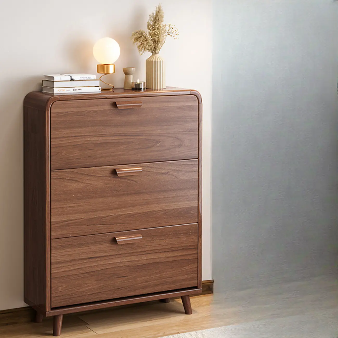 Traditional Hidden Adjustable 3 Tiers Solid Wood Shoe Cabinet