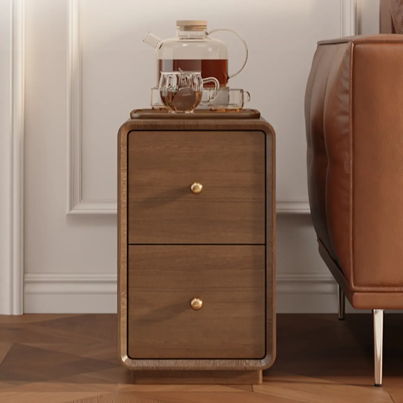 Narrow Rectangle Walnut Wood Side Table with Drawers