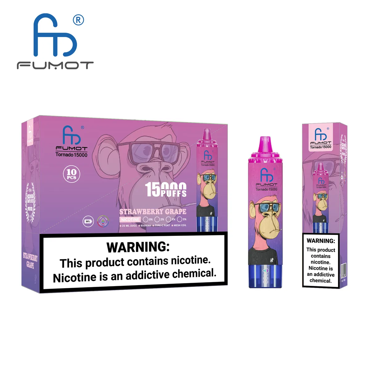 Fumot Tornado 15000 Strawberry Grape – 10er-Displaybox mit Einweg-Vape und Einzelpackung
