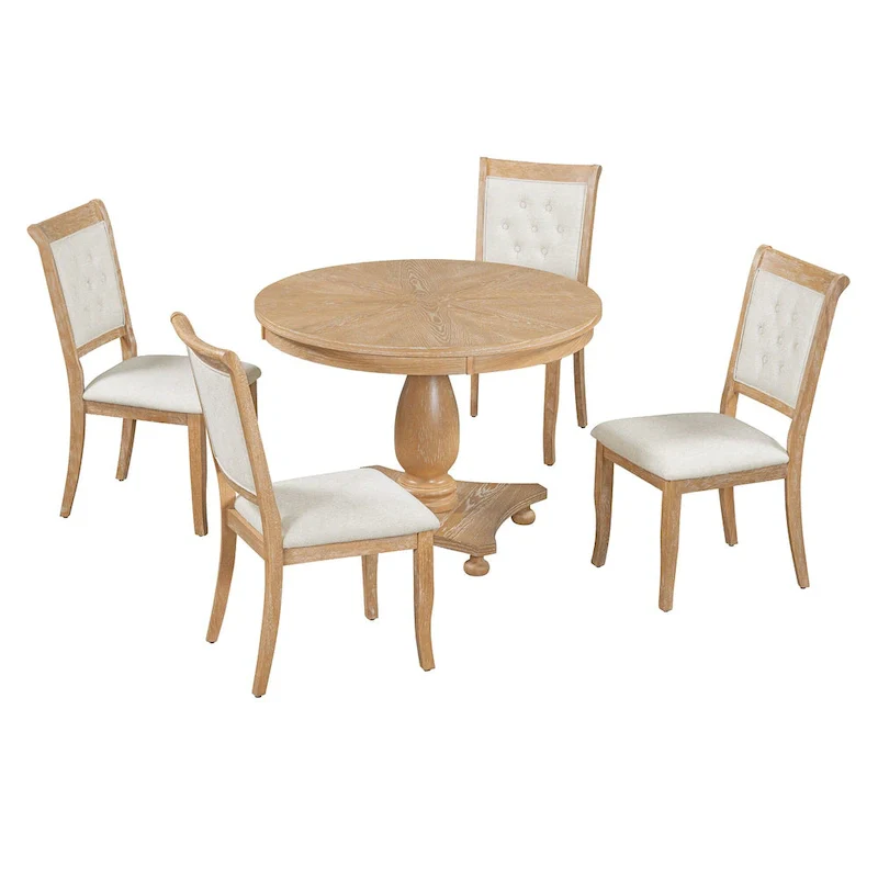 5 Piece Dining Table Set, Solid Wood Kitchen Dining Room Table Set with Round Dining Table and 4 Upholstered Chairs