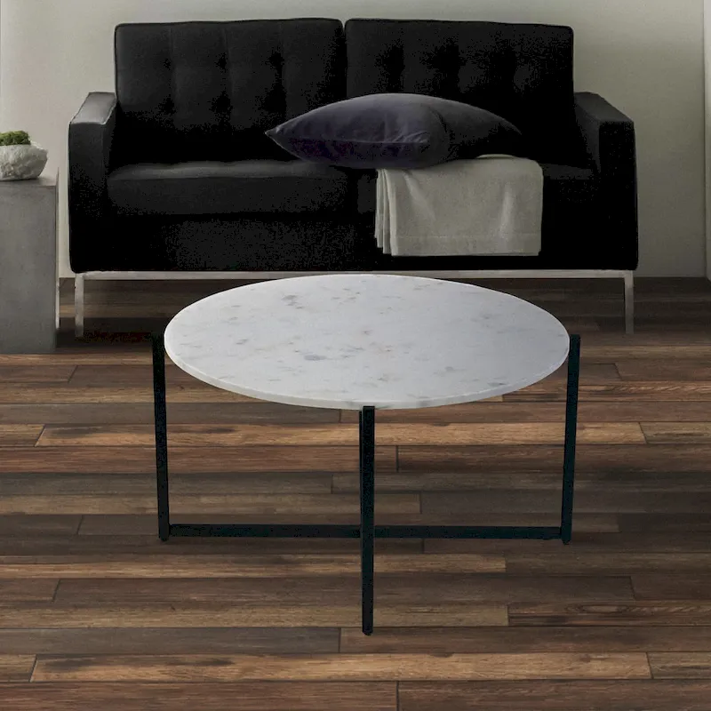 Ivy 30 Inch Marble Top Round Coffee Table with Metal Frame, White and Black