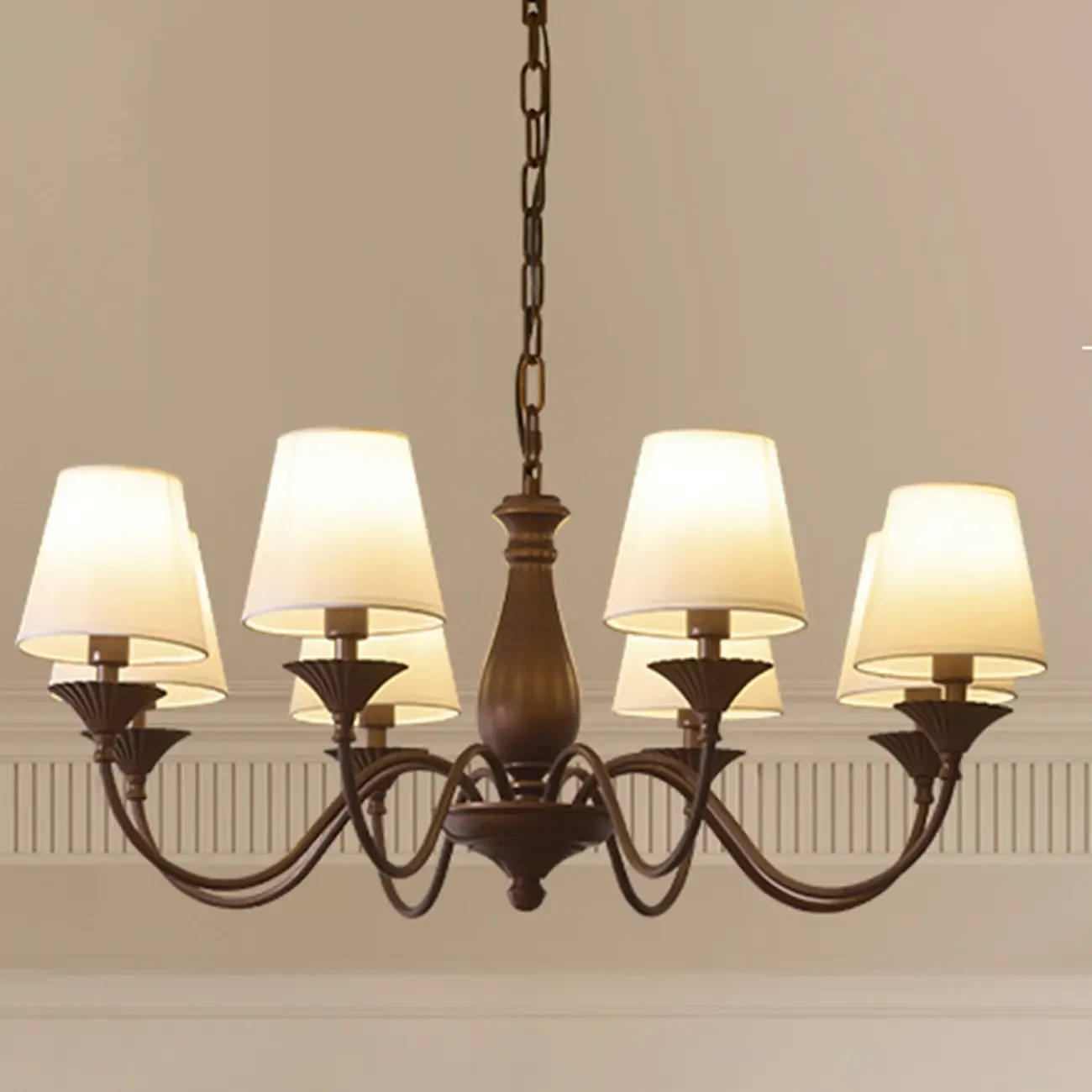 Traditional Brown Metal Fabric Barrel 8 Lights Chandelier