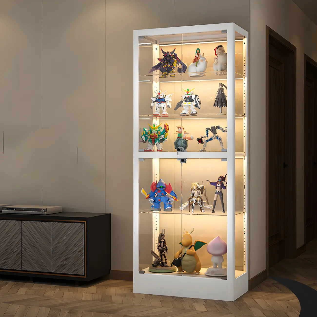 Adjustable Shelves White Glass Locking Curio Cabinet