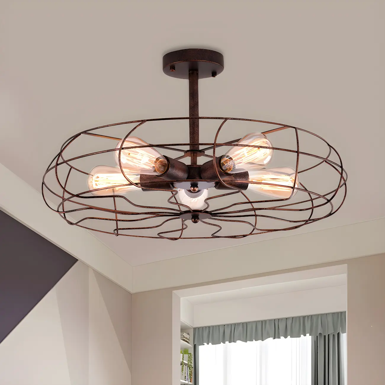 Industrial Metal Black Round Caged Semi Flush Ceiling Light