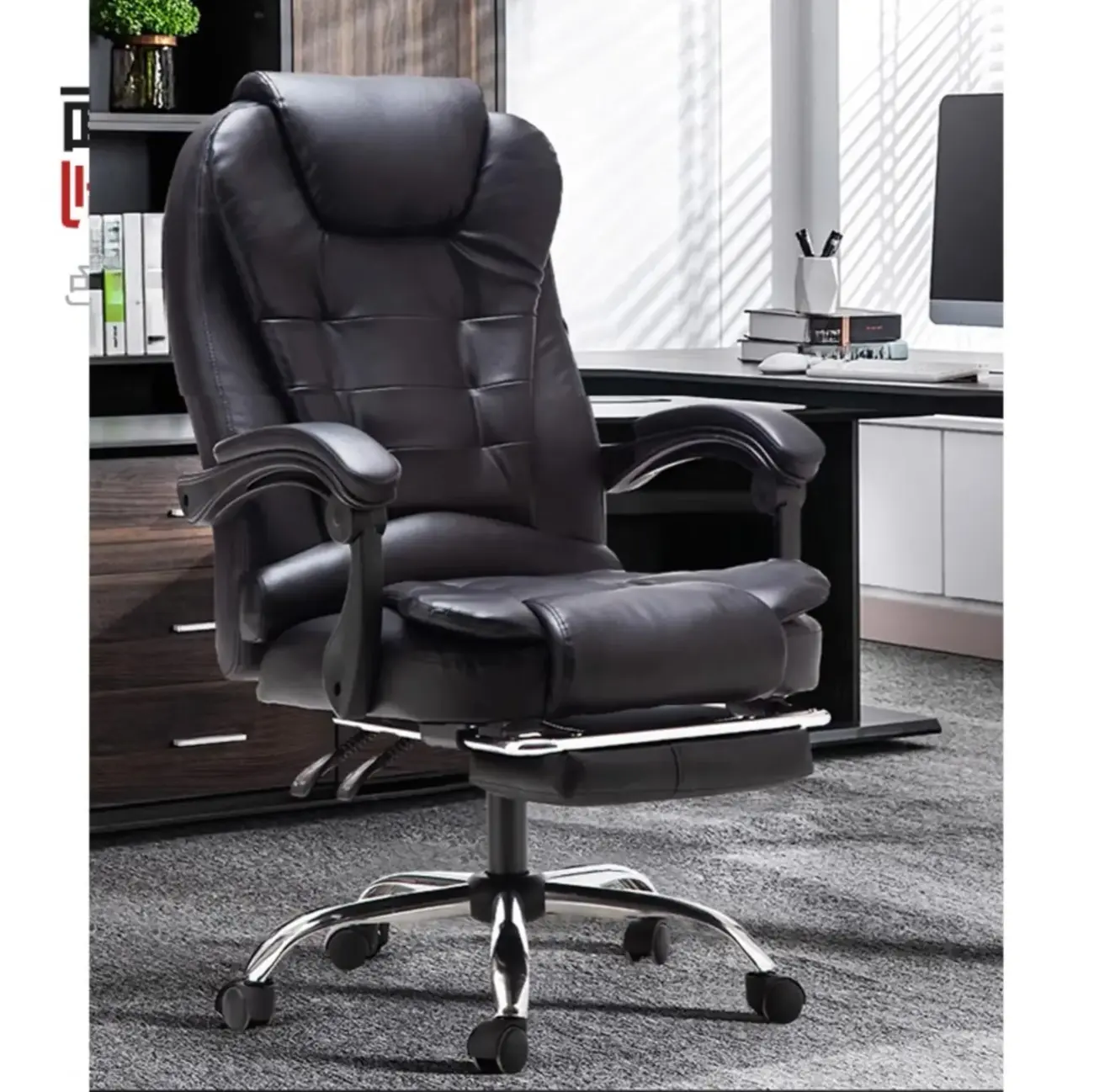 Executive Ergonomic Black Leather Swivel Reclining Office Chair