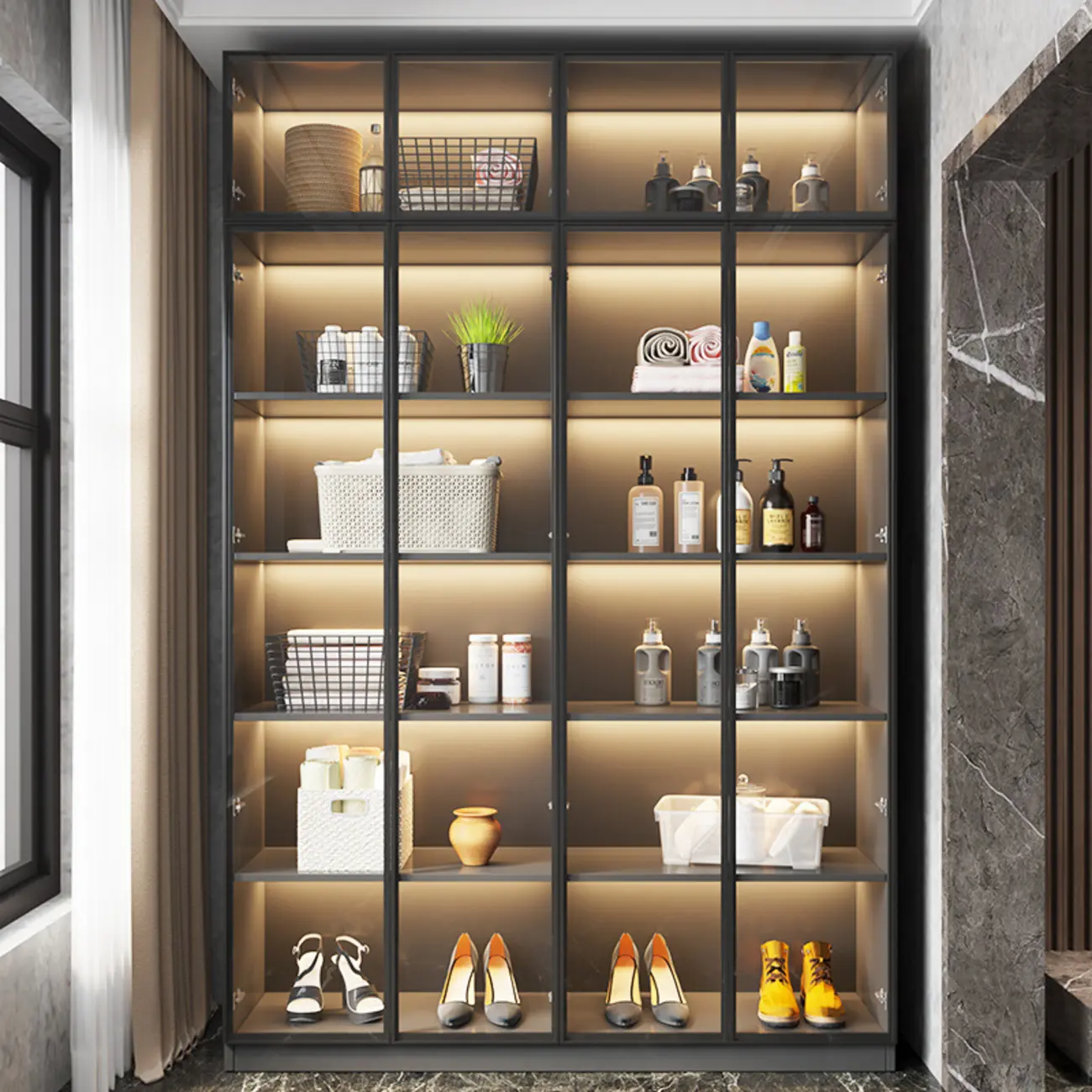 Freestanding Grey Wood Glass Display Cabinet with Light