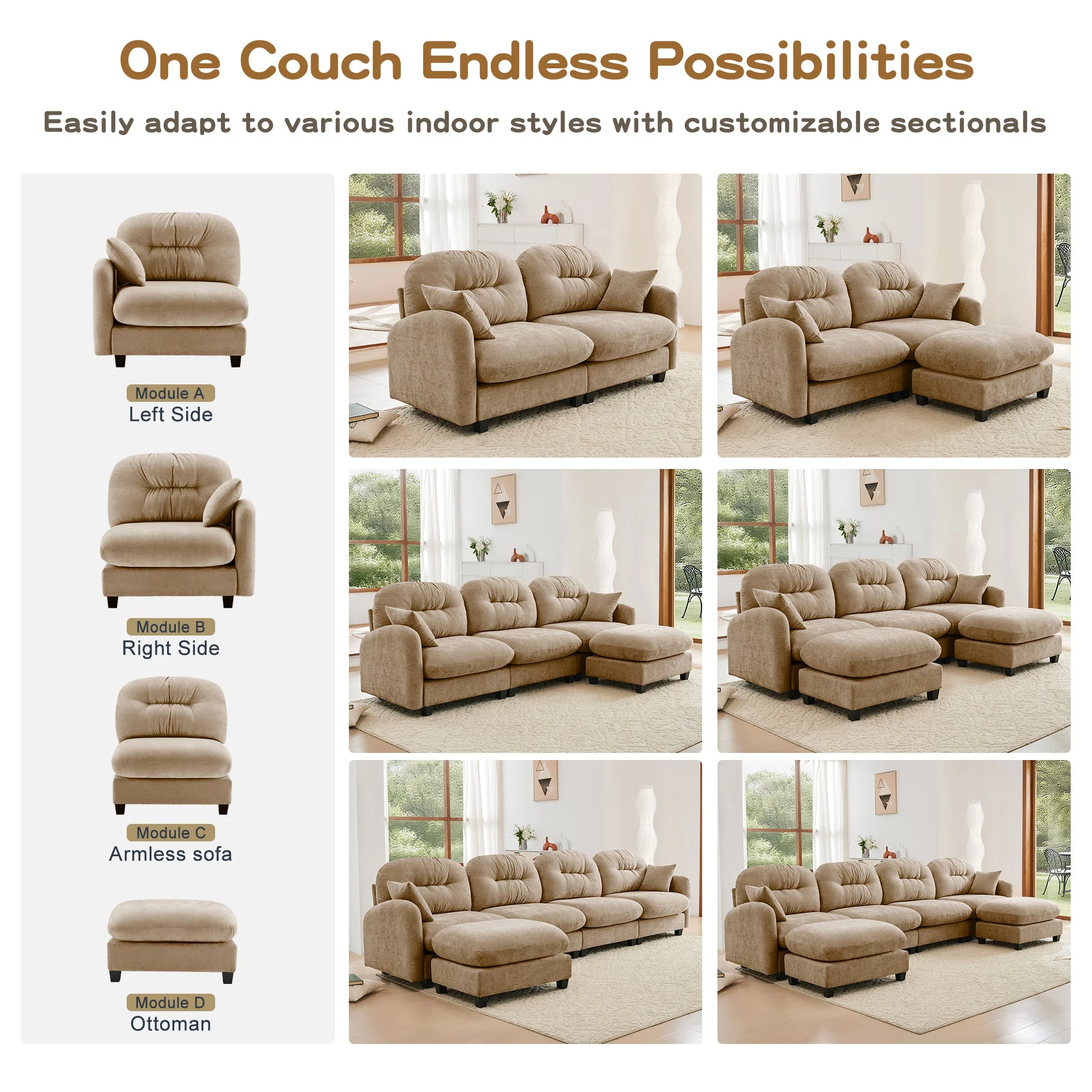 Tufted Chenille Cloud Loveseat Sectional Sofa Couch with Ottoman