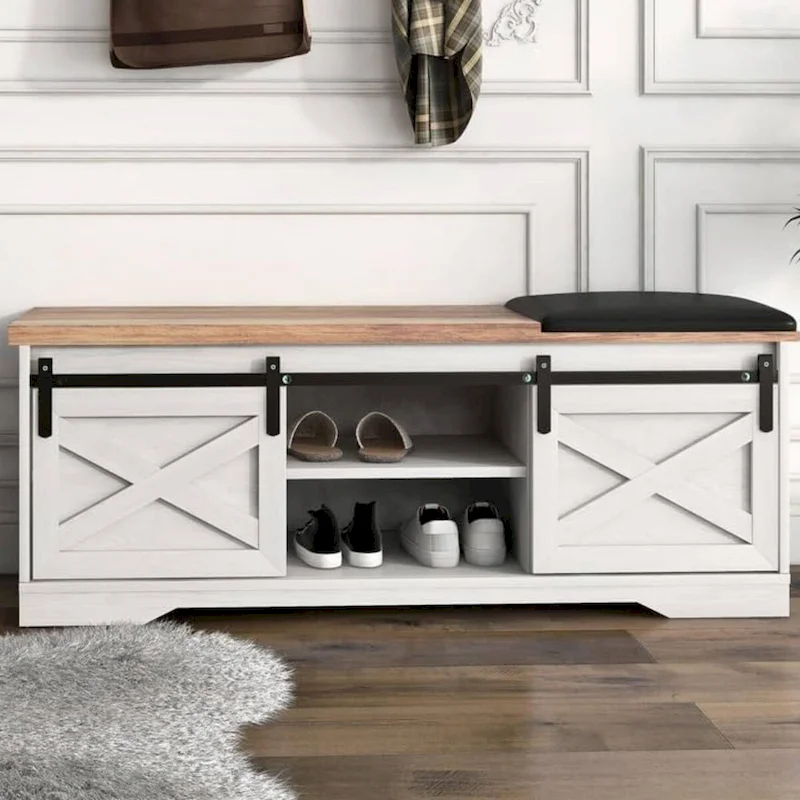 Entryway Storage Shoe Bench with Leather Cushion