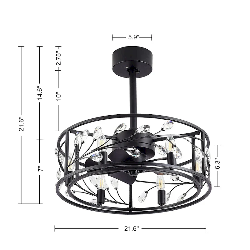 20  Black Caged Ceiling Fan with Crystal Light Kit Remote Control - 20 Inch