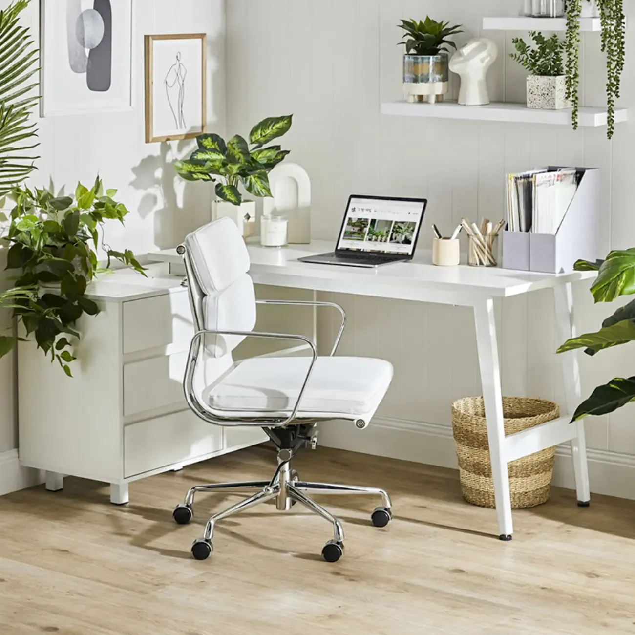 Modern Silver Metal White Leather Swivel Office Chair