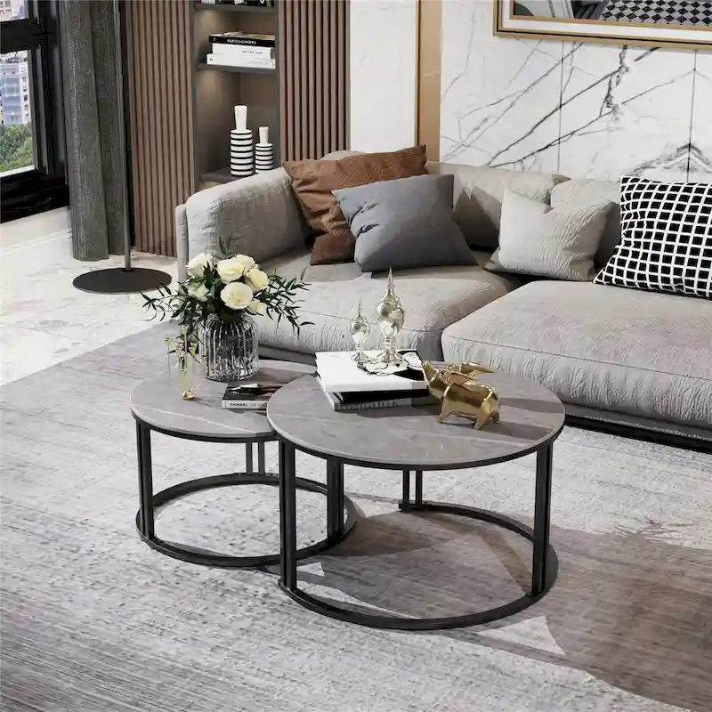 2 Pack Round Nested Coffee Table Sintered Stone-top Side Sofa Table