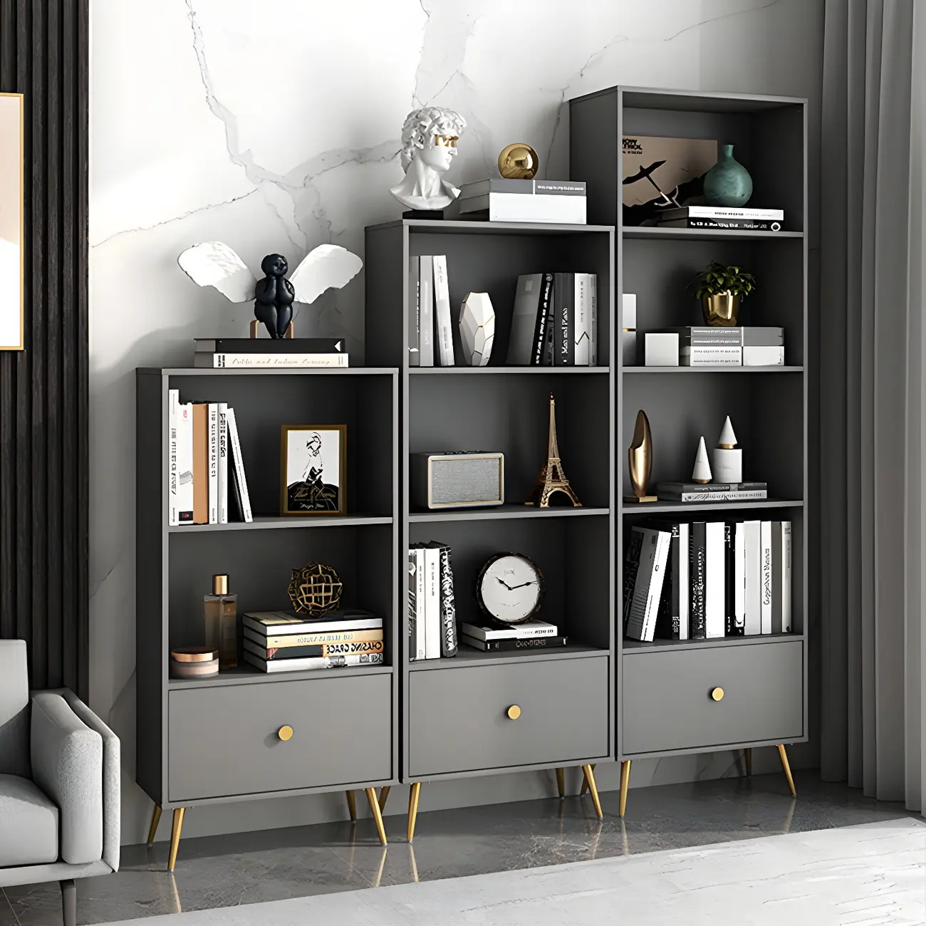 White Metal 2/3/4-Tier Open Bookcase with Drawer