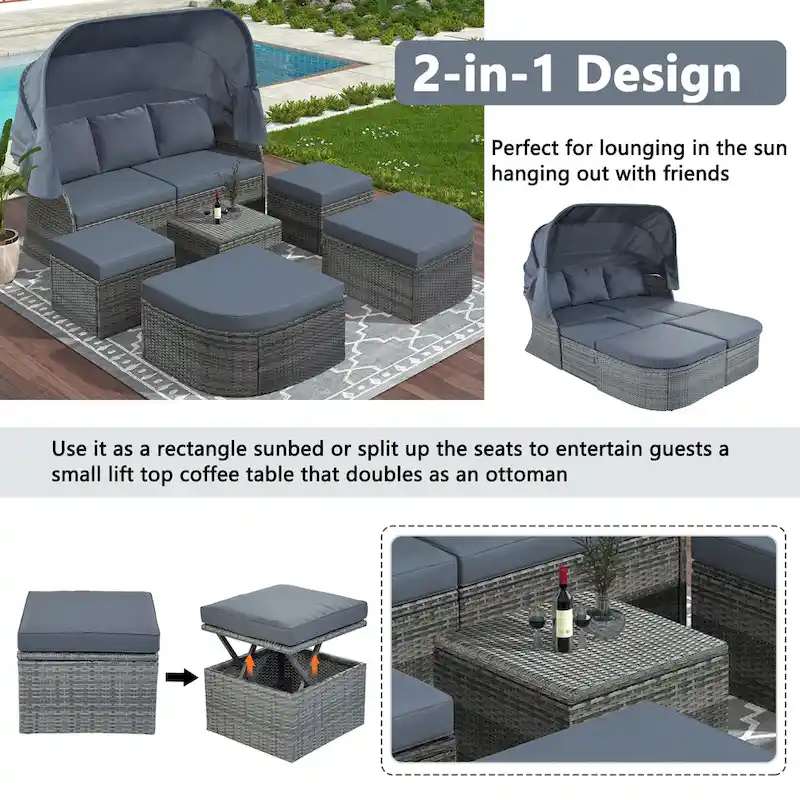 Modular Daybed Sunbed Patio Canopy Bed Wicker Conversation Set
