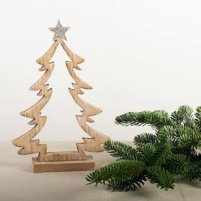 Wooden Christmas Tree Outline With Silver Star Figurine