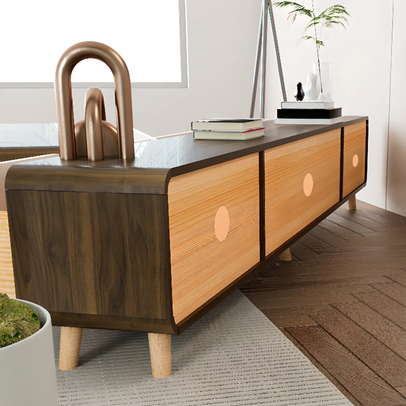 Modern Wood TV Stand with Drawers and Cable Management