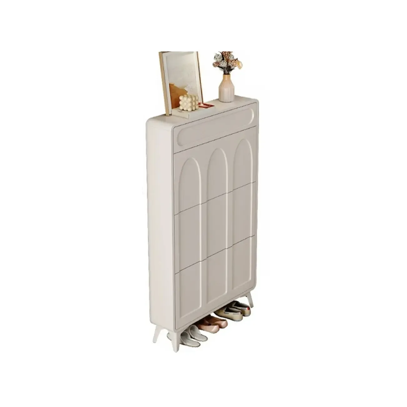 Vertical Slim White Wooden Drop Front Shoe Cabinet
