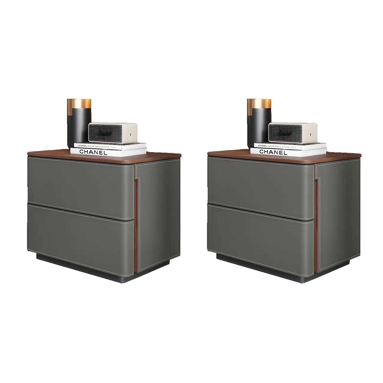 Modern Faux Leather Wood Top Drawers Nightstand