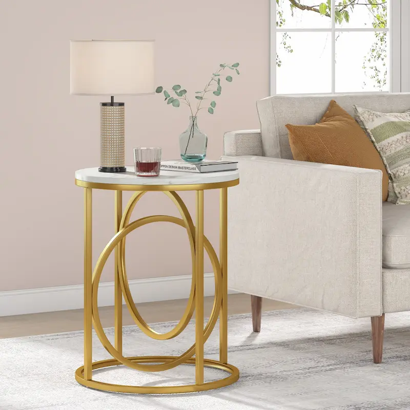 20 in. Marble White Round Wood End Table with Gold O-shaped Base