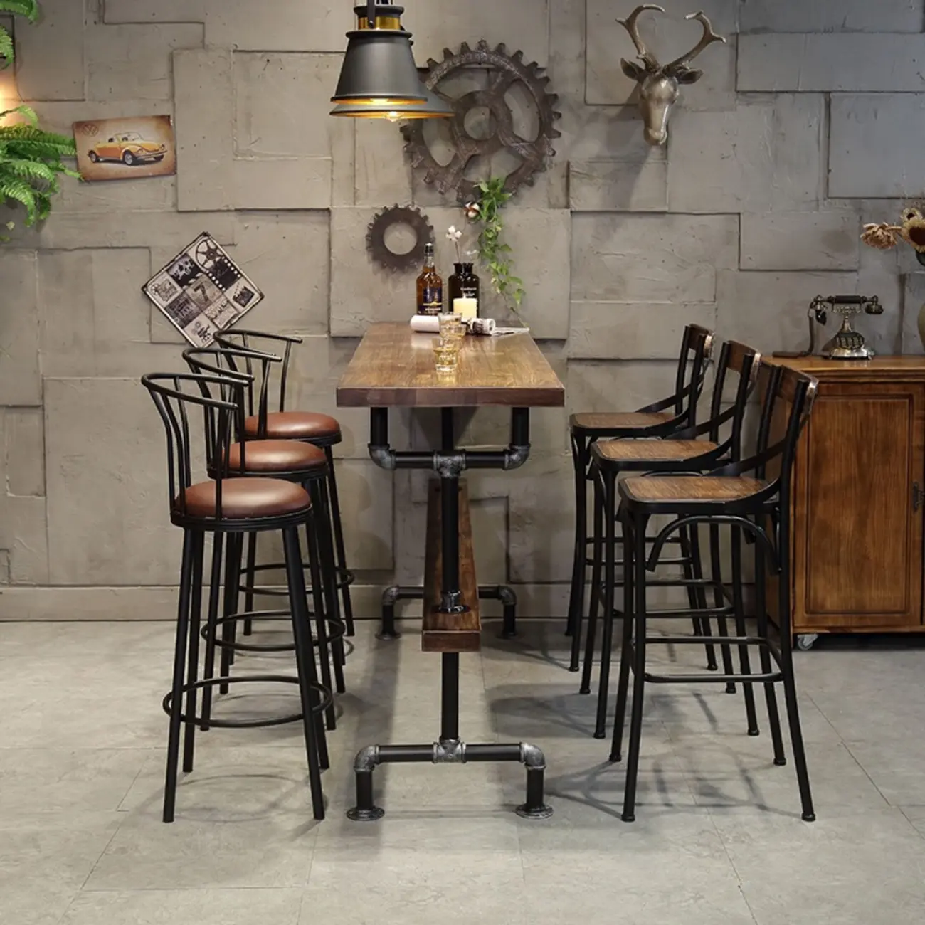 Rectangle Distressed Brown Wood Bar Table With Footrest