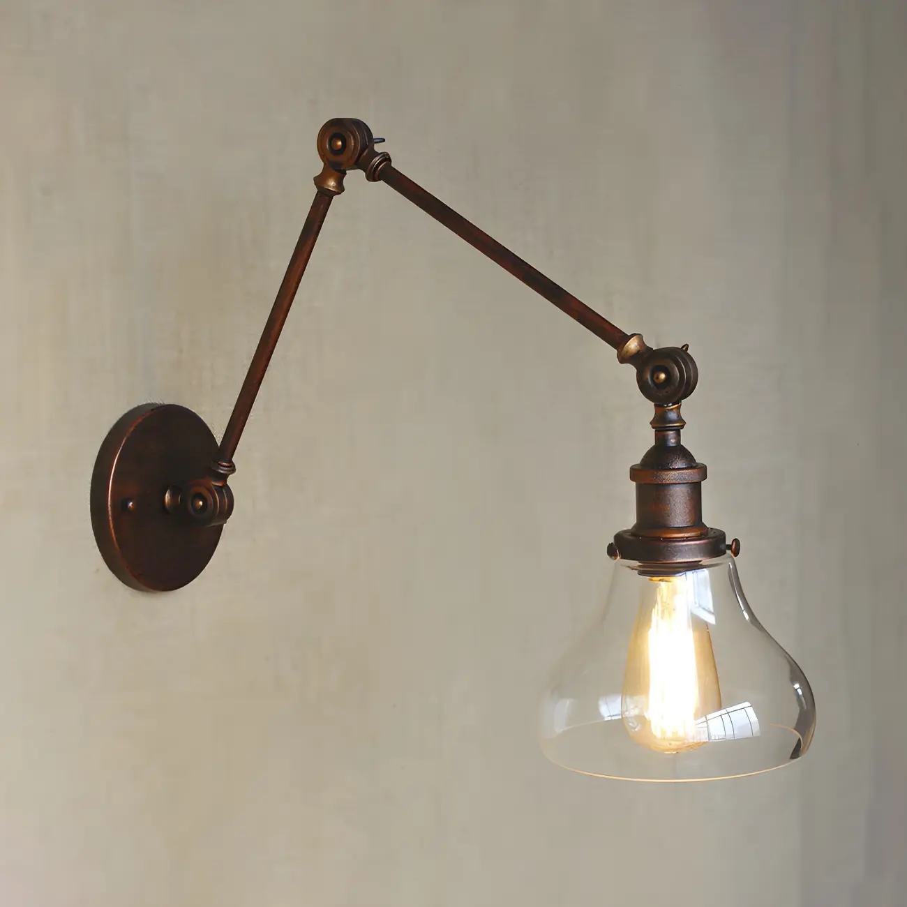 Clear Glass Pear Shade Rustic Metal Swing Arm Wall Light