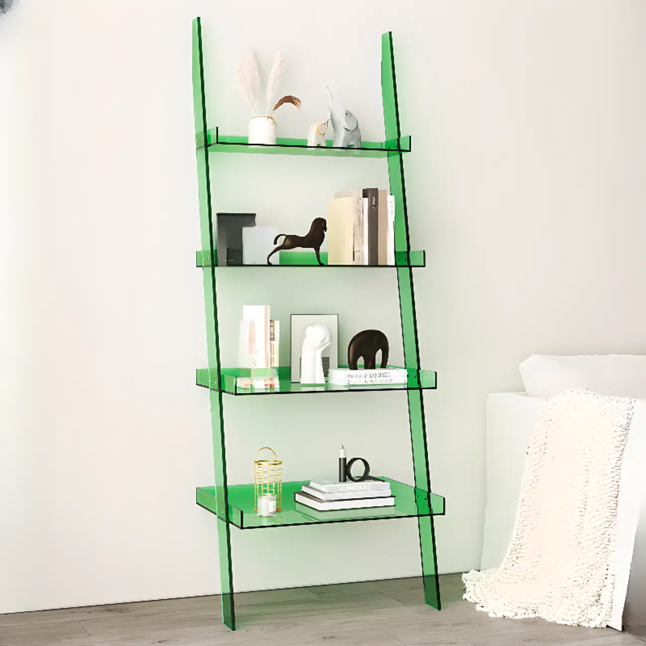 Black Plastic Leaning Ladder Bookcase with 4-Shelves