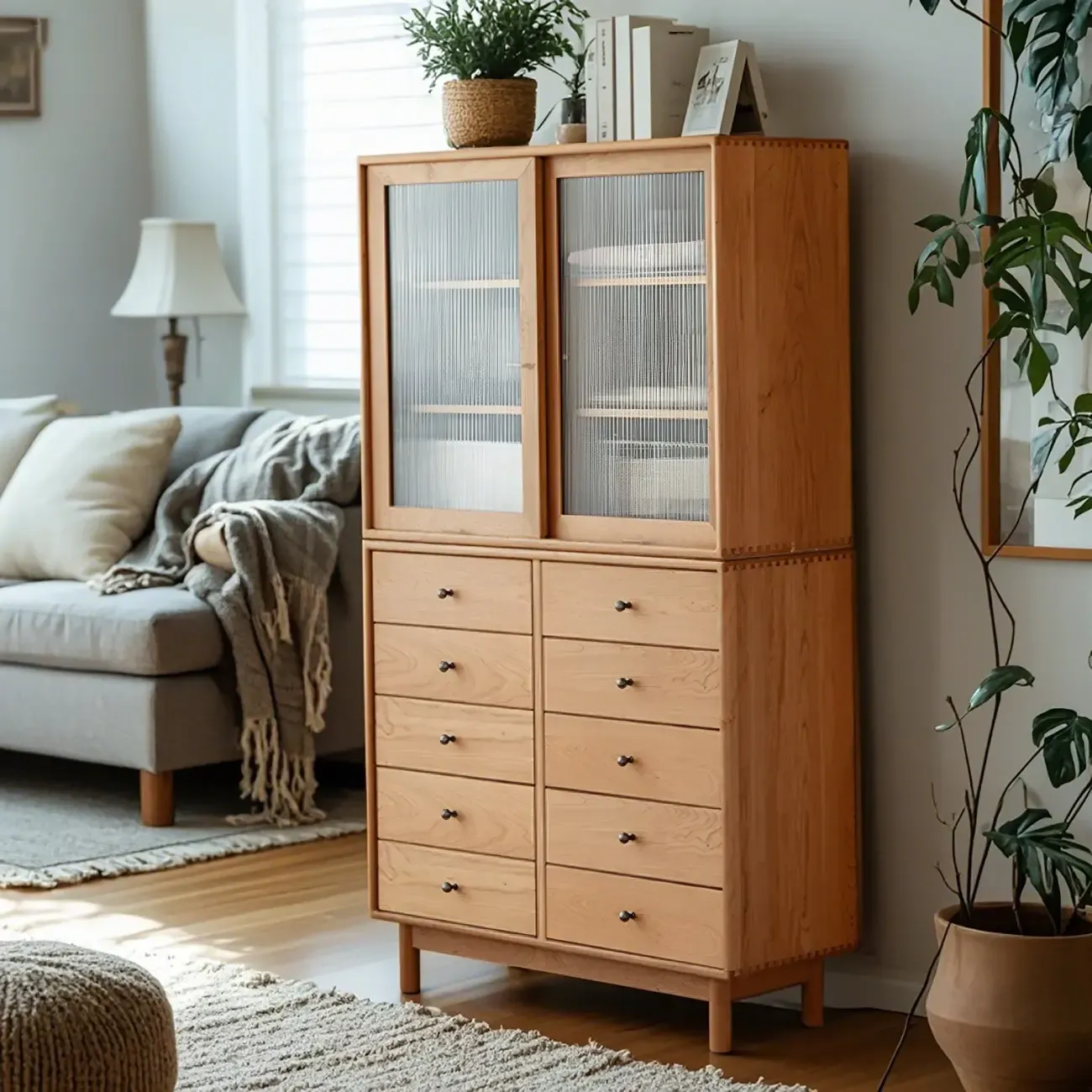 Scandinavian Natural Finish Cherry Wood Bachelor Chest with Shelves