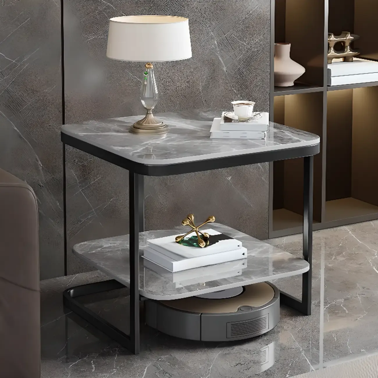 2-Tier C-Shaped Side Table with Shelf