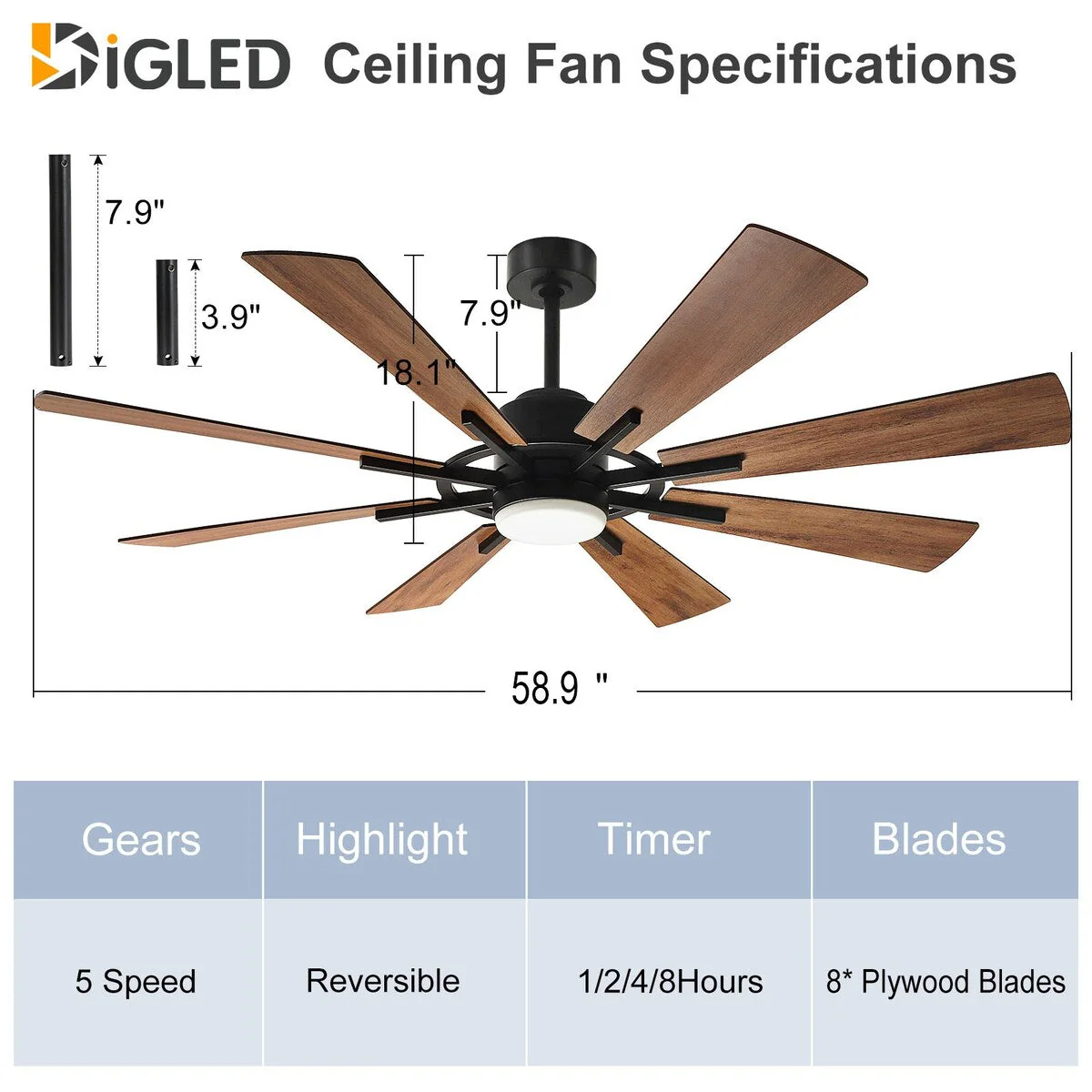 Remote Ceiling fan with Lights Large 8 Wooden Blades