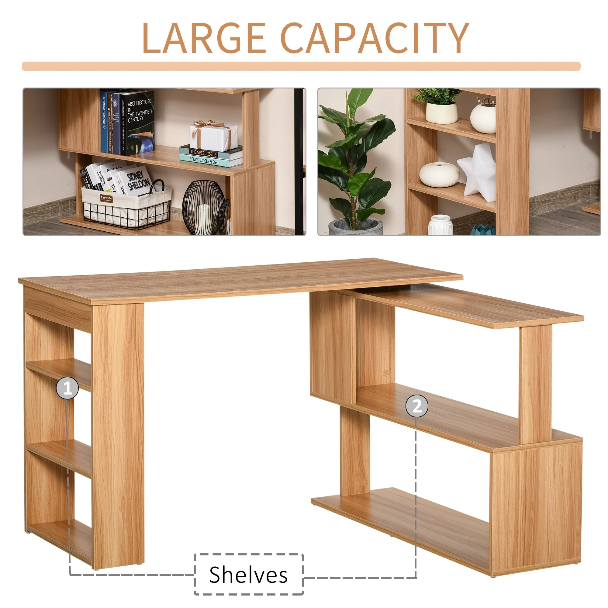 HomCom Modern L Shaped Rotating Computer Desk with Bookshelves