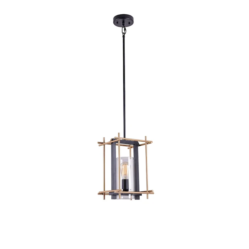 Braum Matte Black+Gold-Bronze Rectangle Metal Cage 1-Light Pendant with Cylinder Clear Glass Shade