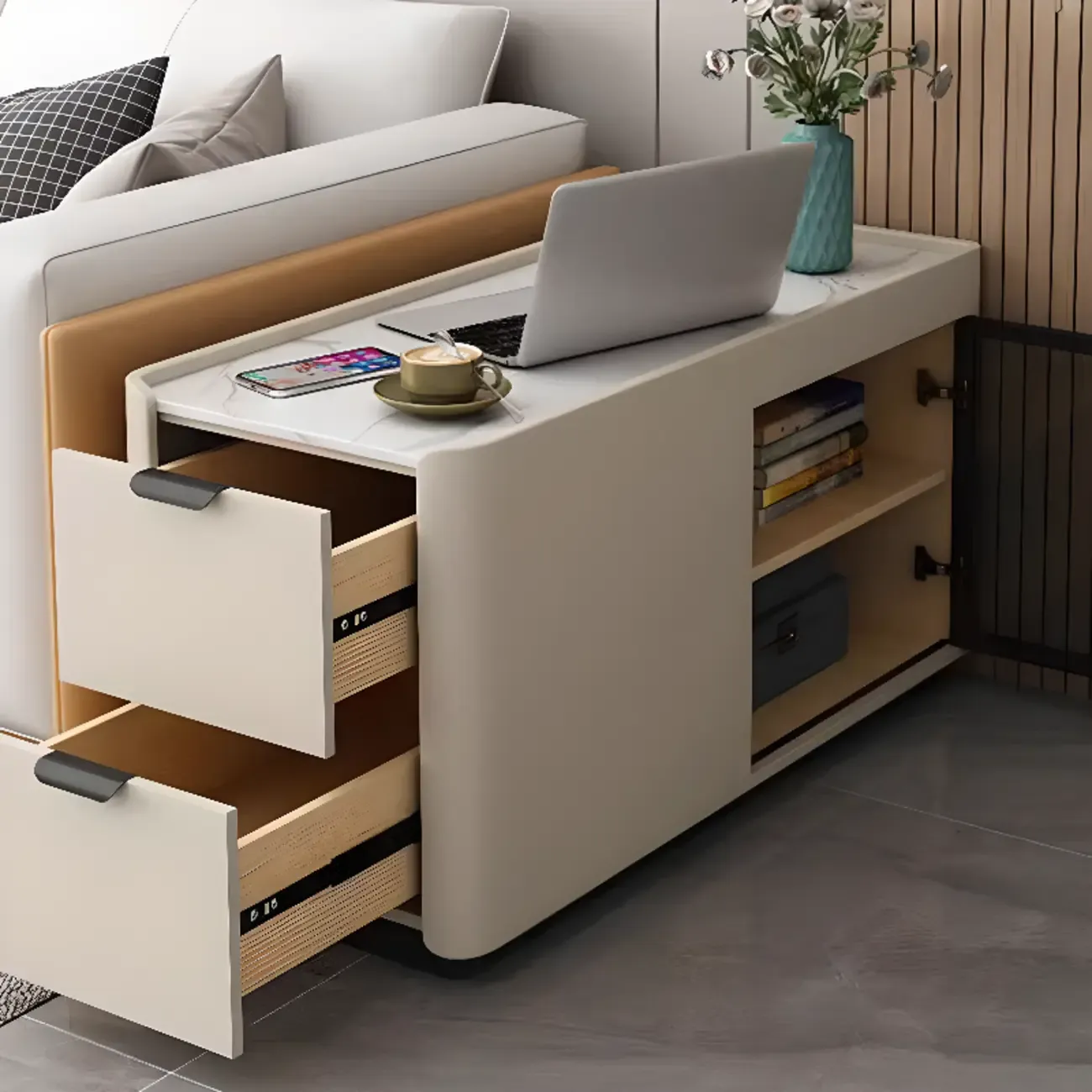 Elegant Rectangular End Table Marble Top and Leather Body