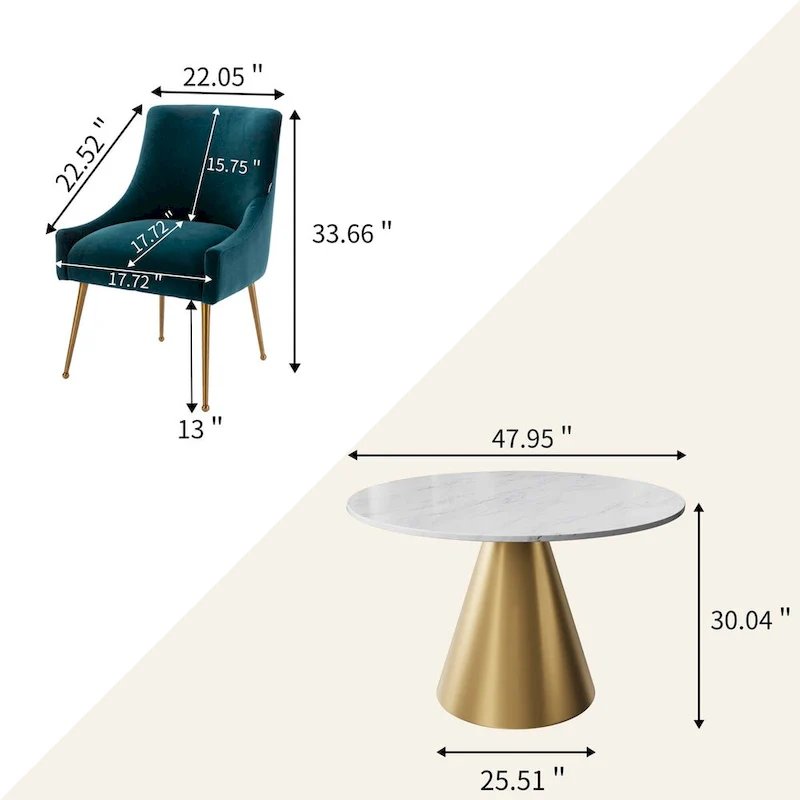 48 Marble Top Metal Dining Table with Velvet Dining Chair Set