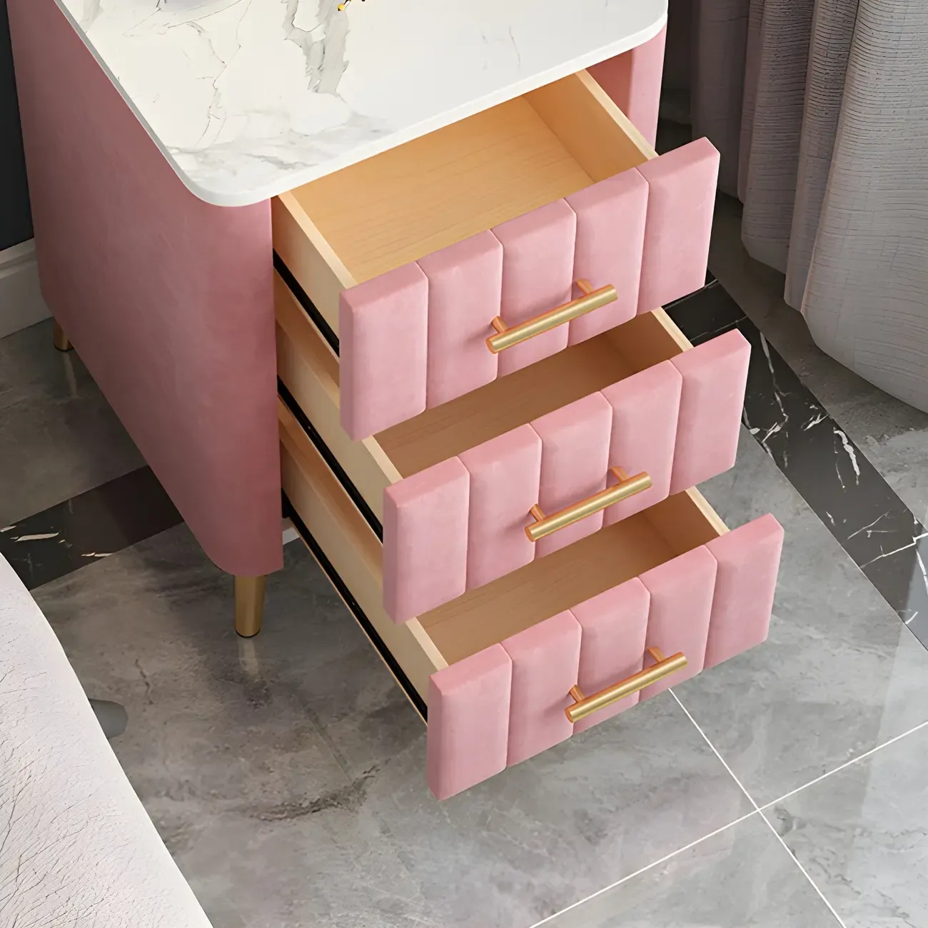 Glam Pink Leather Bedside Table with Marble Top 3 Drawers
