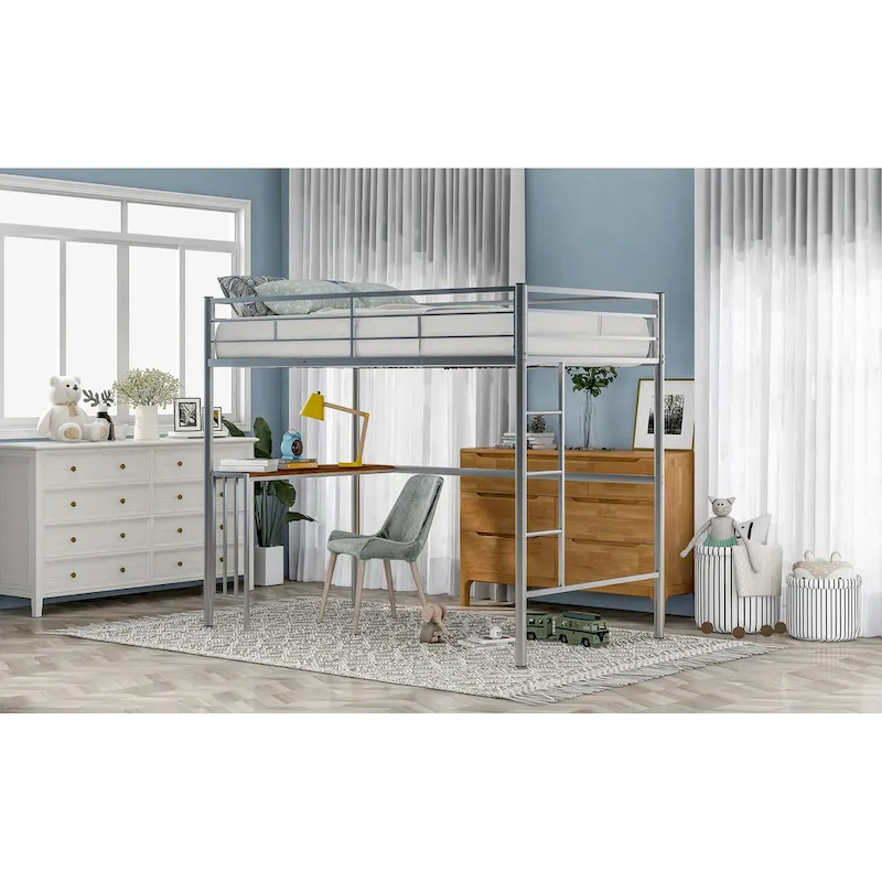 Metal Loft Bed with Desk, Ladder and Guardrails