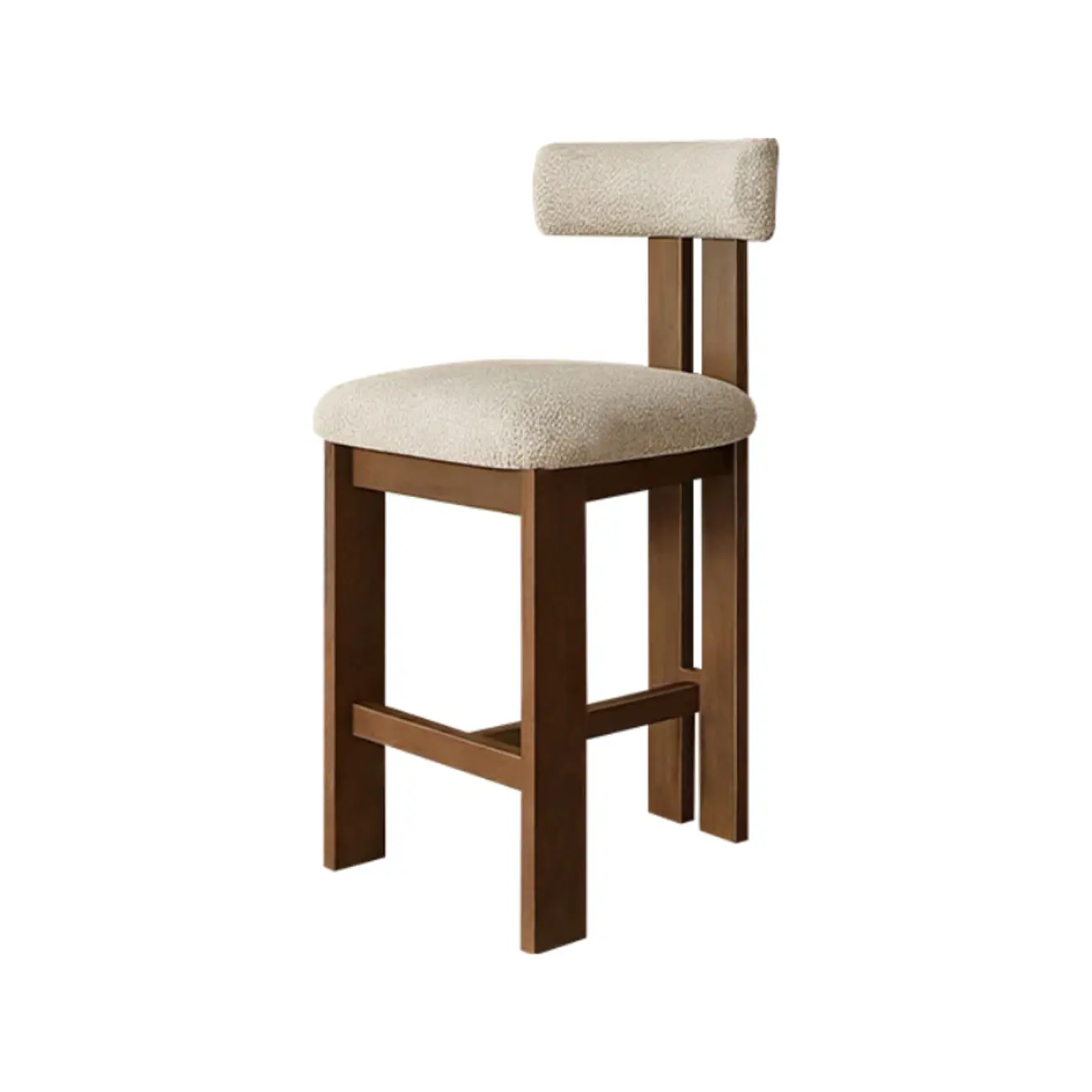 White Boucle Fabric Brown Wood Armless Bar Stools