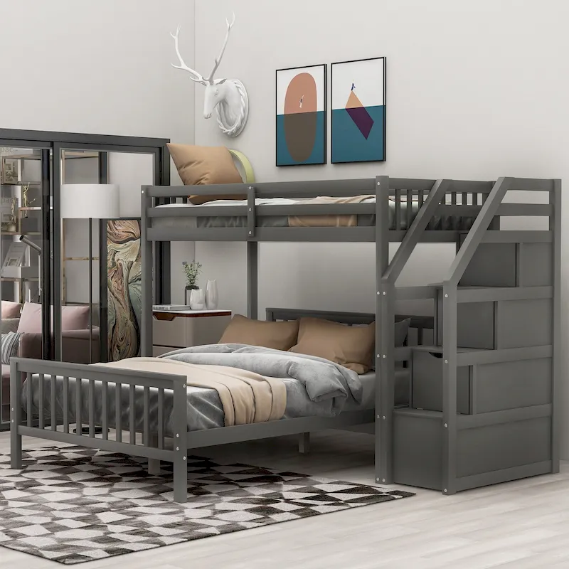 Twin Over Full Wood Loft Bed with Staircase,High Guardrails and Ladder