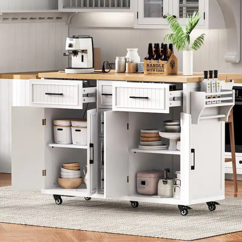 56.5 Kitchen Island with Drop Leaf and Charging Station, Rolling Kitchen Cart on Wheels with Drawers and Adjustable Shelves