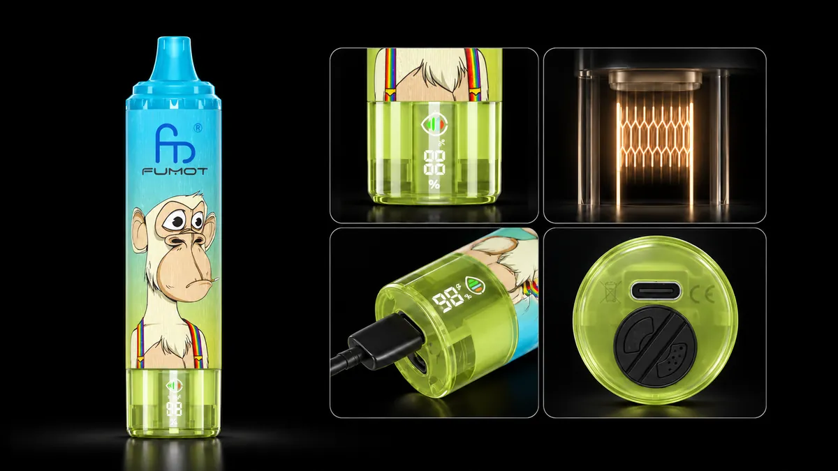 FUMOT Tornado 15000 Ice Pop – Detailansichten von Display, Heizsystem, USB-C-Anschluss und Luftregulierung