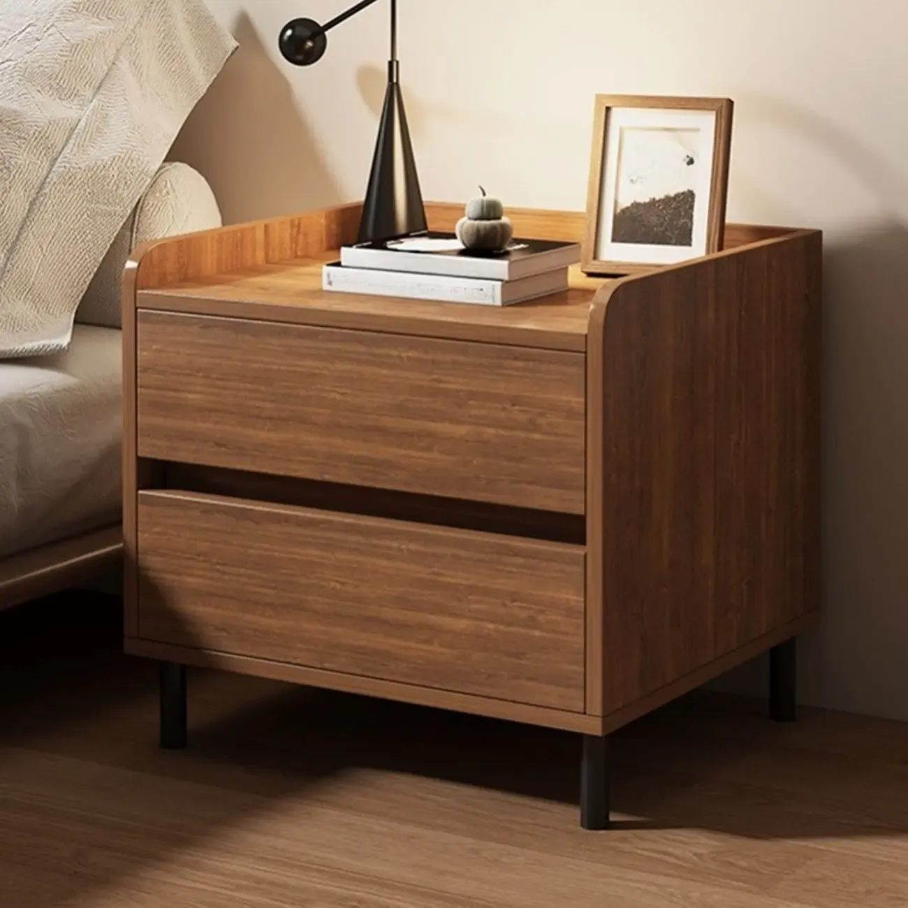Minimalist Brown Wooden Tray Nightstand with 2 Drawers