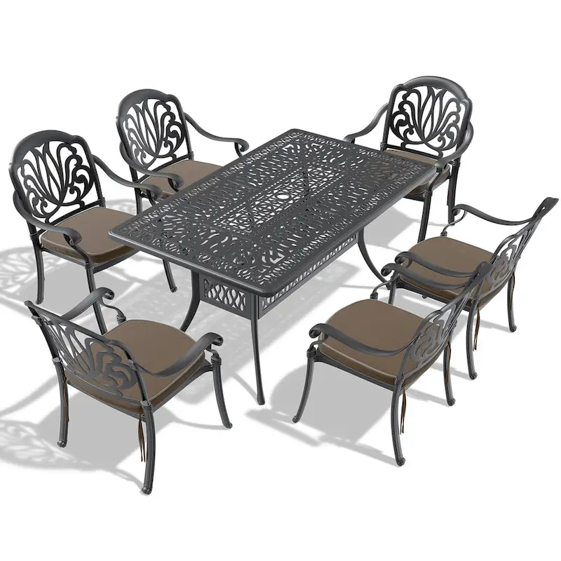 7-Pc Aluminum Patio Set , 6 x Armchairs with Cushions In Random Colors with 1 With Umbrella Hole Table