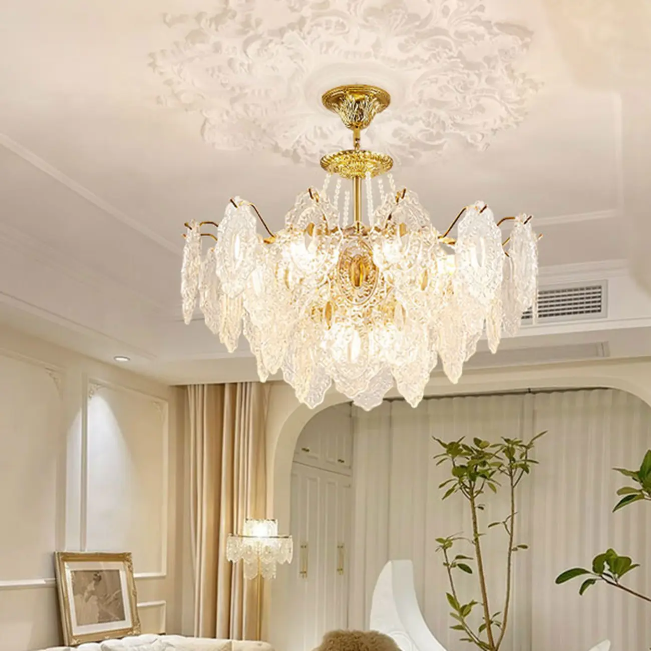 Luxurious Gold Crystal Leaf Round Pendant Chandelier