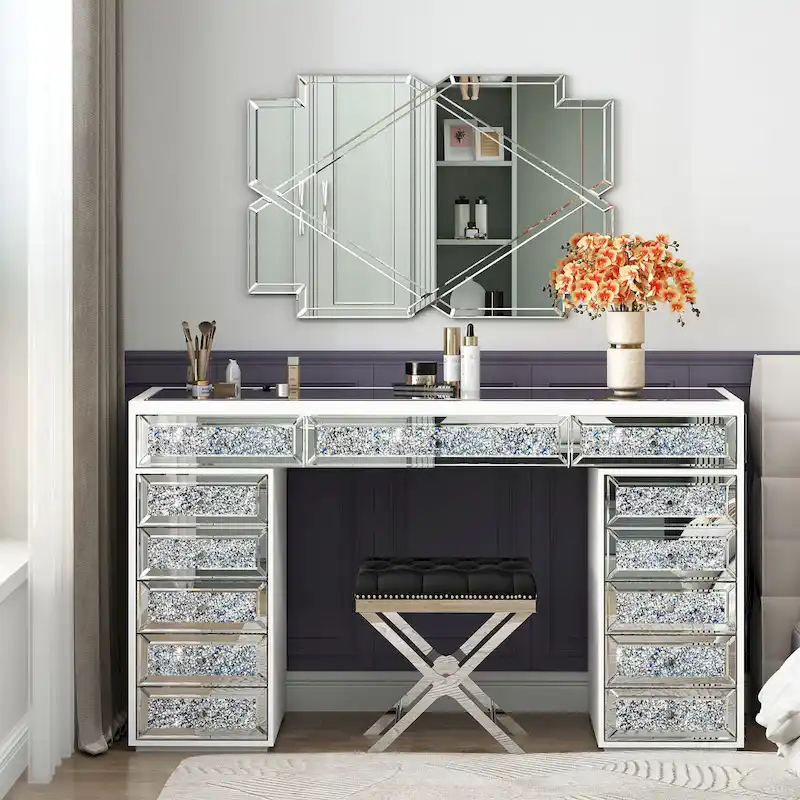 Mirrored Finish Vanity Desk Dresser with 13-Drawer