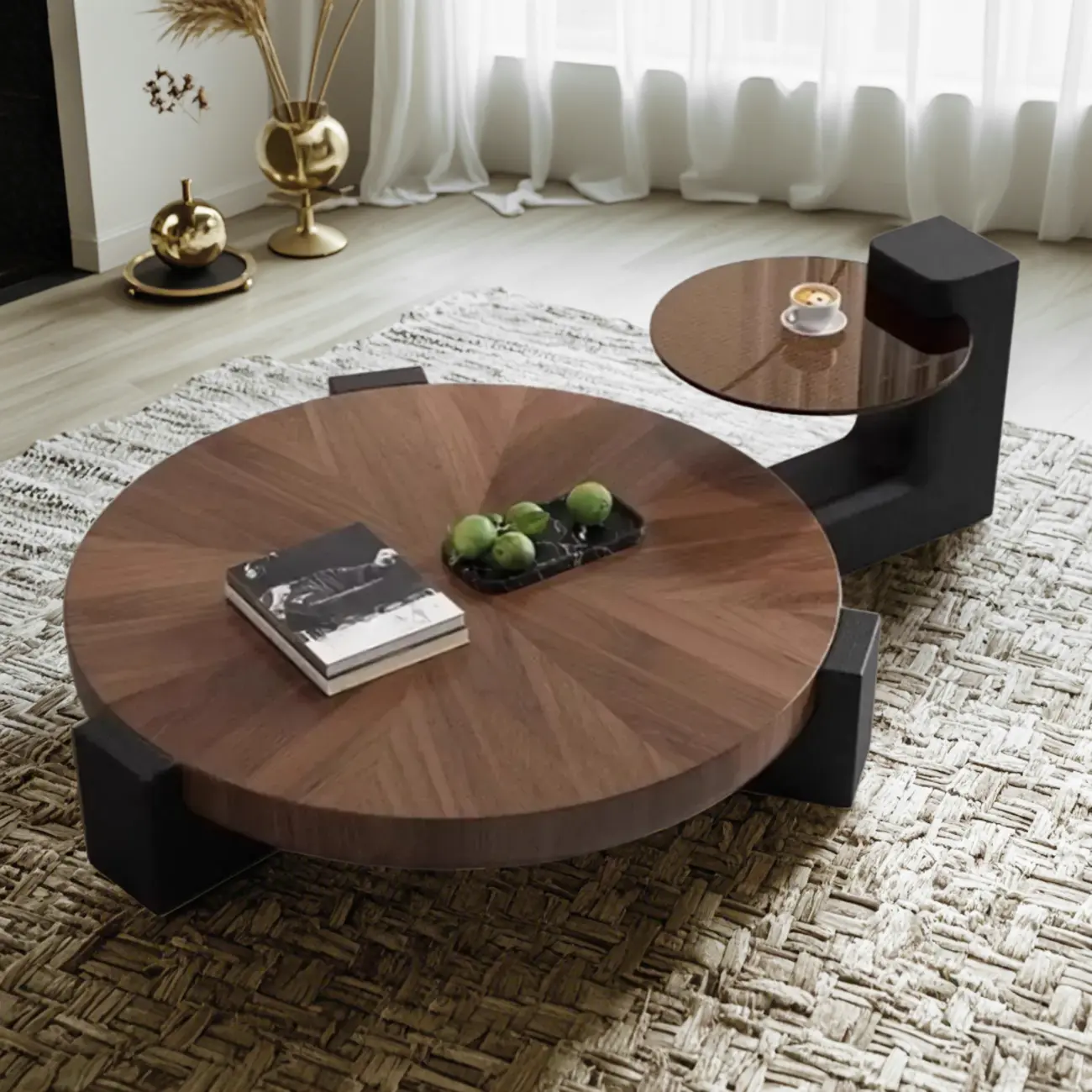 Modern Round Wooden Glass Top Coffee Table