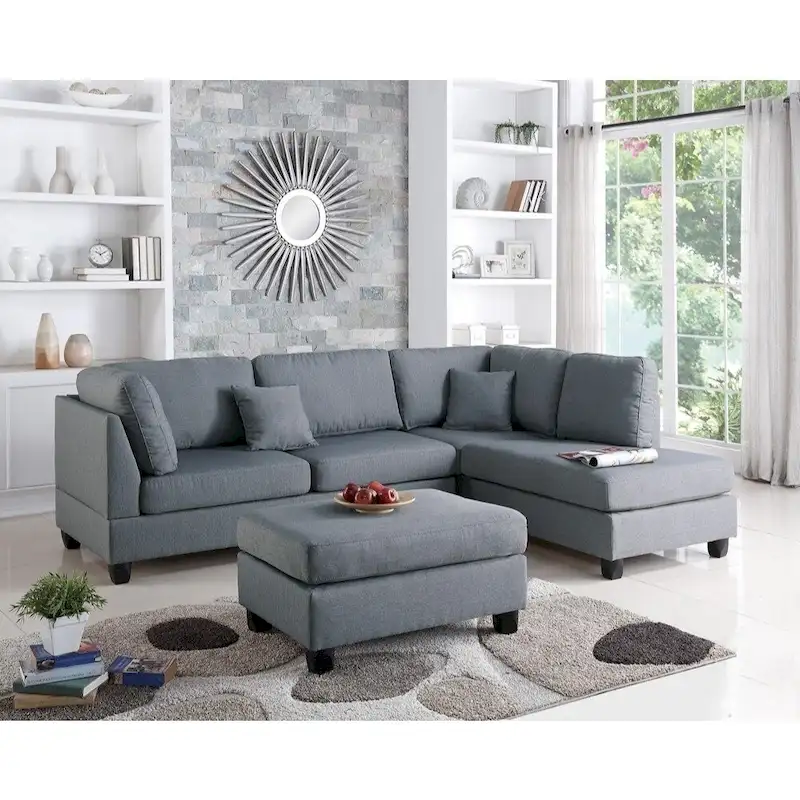 Linen Fabric 3 Pieces Sectional In Gray
