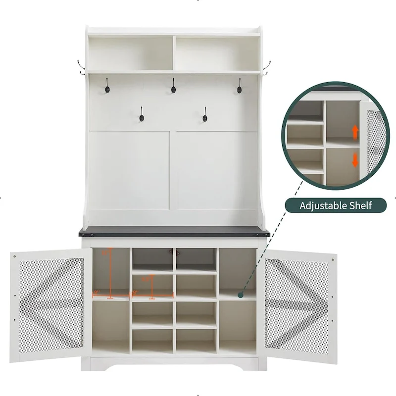 42 Wide Farmhouse Entryway Bench with Coat Rack, Mudroom Cabinet