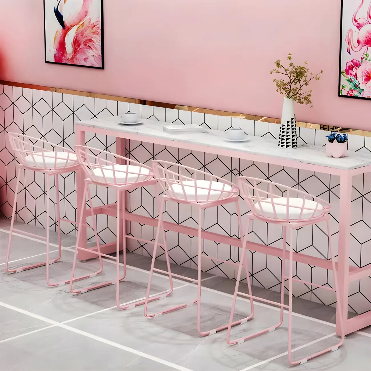 Glam Pink Rectangle Marble Long Bar Table